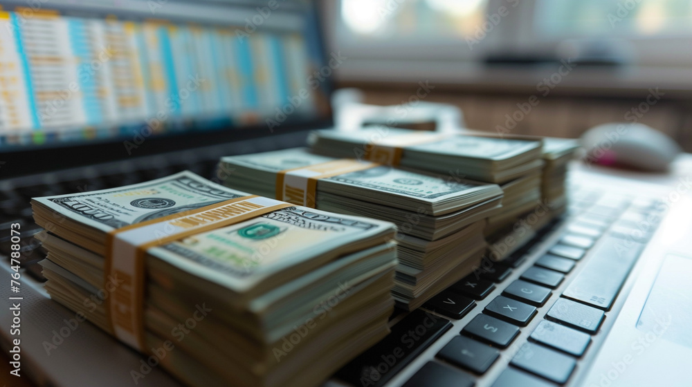 Stacks of hundred dollar bills on a laptop keyboard. Stacks of hundred dollar bills on a laptop keyboard.