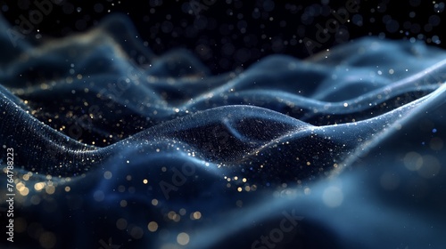 Abstract digital representation of navy blue waves with glittering golden particles simulating a serene night sky.