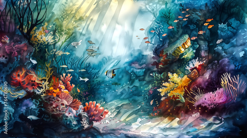 A watercolor scene of a traditional underwater amazon river, wit