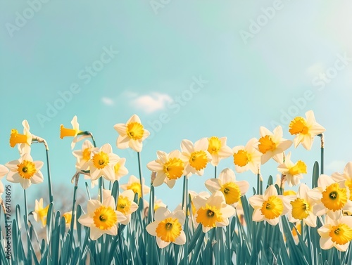Image of white and yellow spring daffodils on blue sky background, muted colors. Retro style, nostalgic.