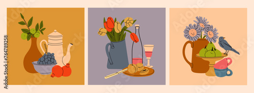 Classical still life pictures set. Flowers in vase, fruits on plate, bottle with drink. Hand drawn colorful Vector illustration. Isolated design elements. Poster, icon, logo, print templates