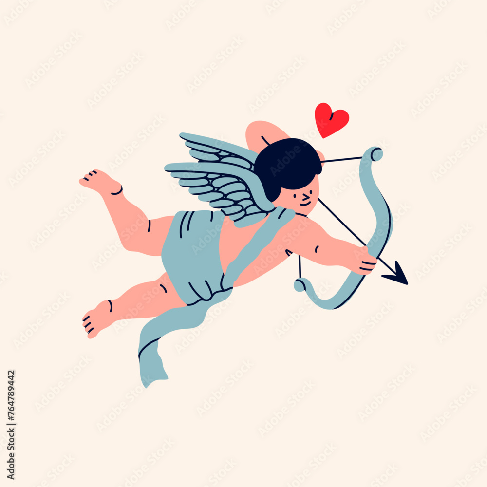 Obraz premium Cupid or cherub with bow and arrow. Cute flying character. Hand drawn trendy Vector illustration. Isolated design element. Valentine's Day, romantic holiday concept. Logo, icon, print template