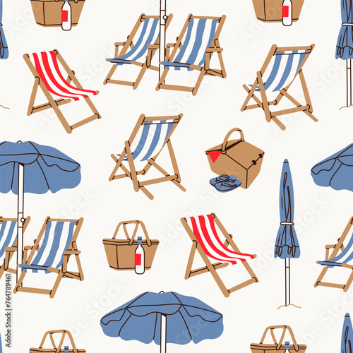 Summer beach set. Beach chairs, wooden deck chair, sun umbrella, picnic basket, sunbed. Hand drawn Vector illustration. Square seamless Pattern. Background, wallpaper. Vacation, relax, holiday concept