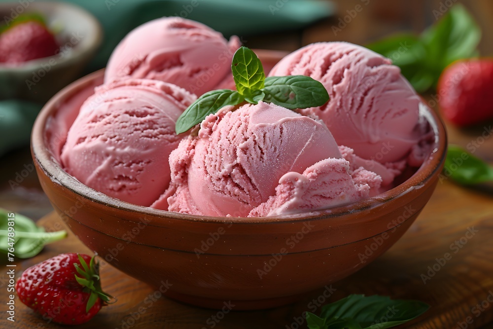 Bowl of Pink Ice Cream With Strawberries Bowl of Pink Ice Cream With Strawberries