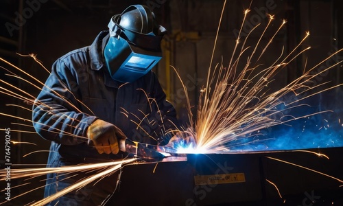 A welder, clad in a dark uniform, is surrounded by a cascade of sparks while working at a workbench. The photo highlights the raw power of industrial metalwork. AI generation
