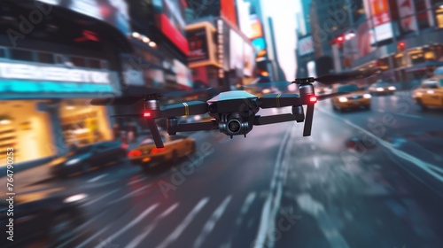 A dynamic shot showing a camera drone flying over a bustling city street filled with cars, pedestrians, and tall buildings. The scene captures the vibrant energy and activity of urban life.