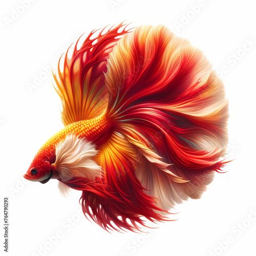 A full-body image of a Veiltail Betta fish, showcasing a vibrant Red and Yellow color pattern. 