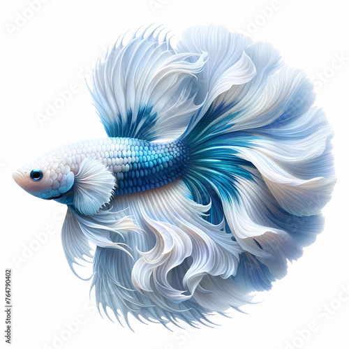 A  full-body image of a Veiltail Betta fish, adorned with a stunning White and Blue pattern. The fish should be meticulous. © bteeranan