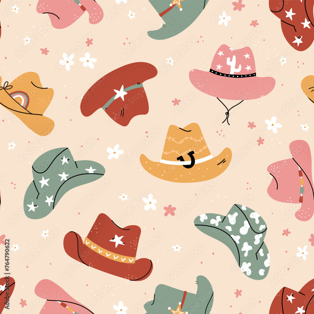 Fototapeta premium Lovely illustrated cowboy hats with different ornaments, cactus, horseshoe, stars. Vector hand drawn illustration, seamless pattern, great for textiles, wallpapers, wrapping.