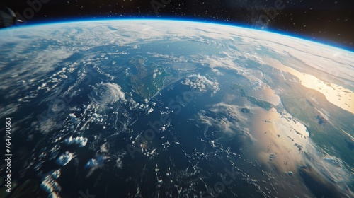 This dynamic shot captures a photo-realistic view of Earth from space. The image showcases the planets blue oceans, white clouds, and brown landmasses from a unique perspective.