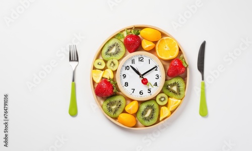 A plate clock is creatively garnished with citrus slices and berries, merging culinary art with the essence of time. It highlights mindful eating throughout the day. AI generation