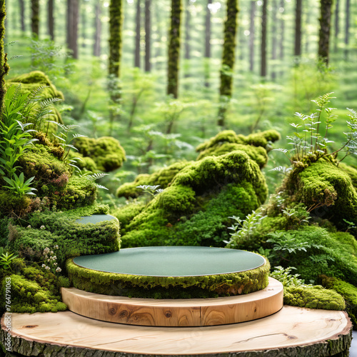 Green Forest Nature Display Background, green moss product placement stone, green forest cosmetic display nature presentation, wood beauty product podium stand, summer pedestal, plant design, template