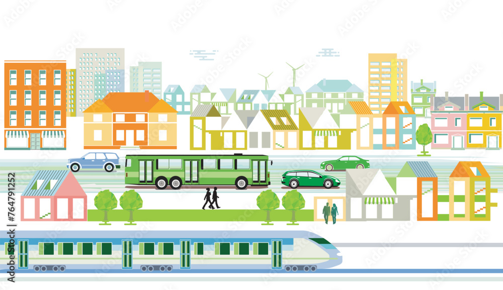 Obraz premium Bahnverkehr und Straßenverkehr mit Bahnhof,, Menschen Illustration