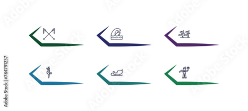 outline icons set from sports concept. editable vector included ski poles, surf sea, running a race, breakdancing dancer, person riding on sleigh, man playing volleyball icons.