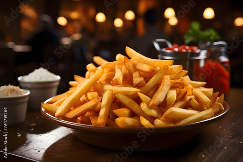 French fries in a plate on a wooden table. Selective focus.