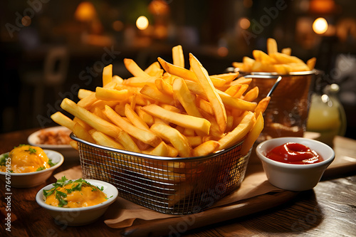 Golden French fries potatoes served with ketchup and mayonnaise. photo