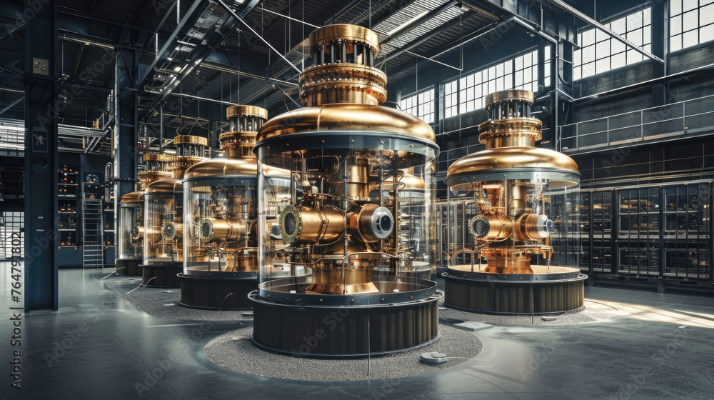 Multiple massive metal tanks stored inside a large industrial building