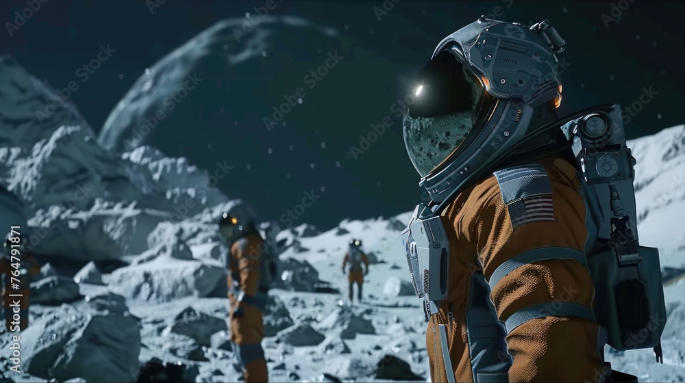 A group of astronauts in space suits standing on the peak of a snow-covered mountain, looking out towards the horizon