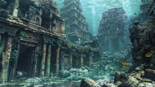 Underwater city featuring a plethora of ancient ruins and structures below the surface of the water © sommersby