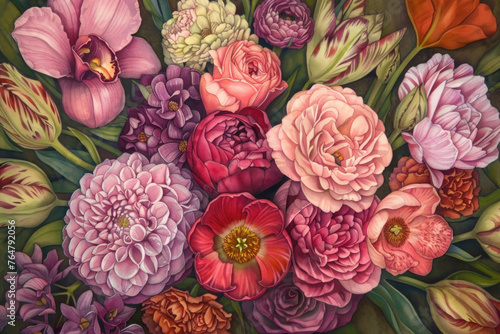 A painting depicting a colorful bunch of flowers placed on a wooden table © sommersby