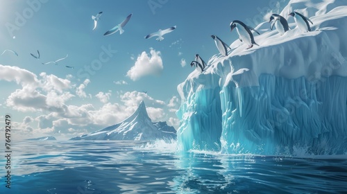 A group of penguins birds jumping and soaring over a massive iceberg in the vast ocean, showcasing the beauty and contrast of natures elements. The birds can be seen gracefully navigating the icy