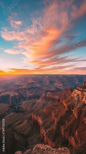 majestic sunset over serene canyon with vibrant sky and cliffs