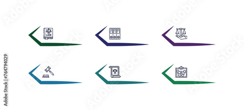 outline icons set from law and justice concept. editable vector included law balance, documents, business law, court trial, scroll with evidence icons.