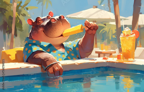 Cheery hippo in a polka dot swimsuit with a poolside popsicle, late afternoon light, candid view, sweet indulgence, hyper realistic