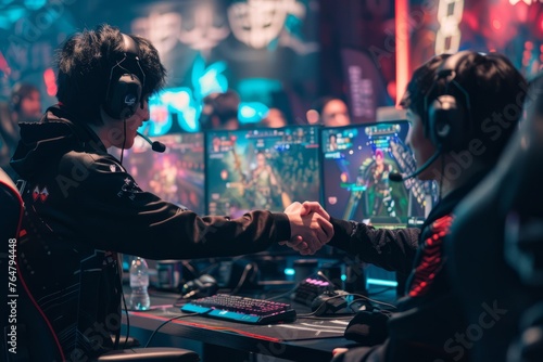 Two esports competitors shake hands over their gaming desks in an act of sportsmanship and respect before or after a match photo