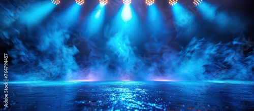 Spotlights illuminate empty stage blue background