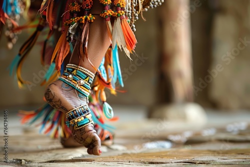 Detailed view of sandals and bracelets on a persons feet