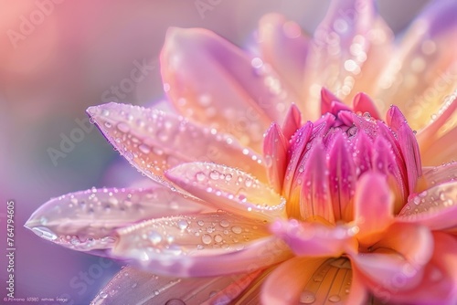 Closeup of morning dew on a pink flowers petals, highlighting intricate details and vibrant colors