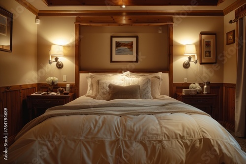 A cozy bedroom featuring a white comforter on the bed with two lamps on either side