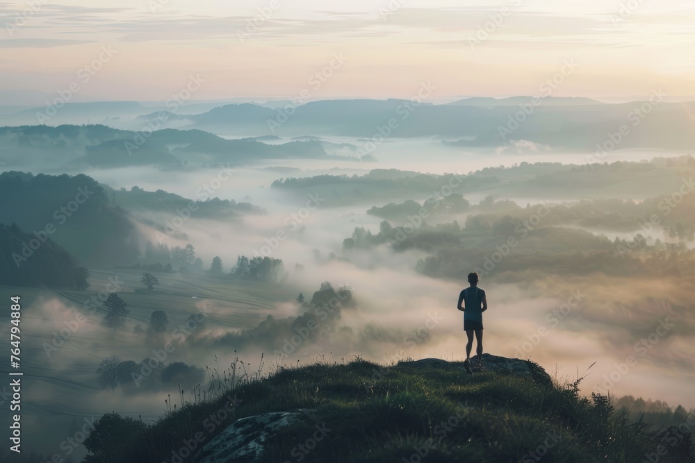 A man stands atop a hill, looking out over a fog-covered valley below in the early morning