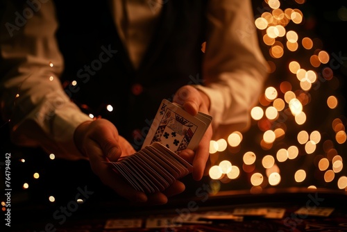 Close-up of magicians hands holding a deck of cards on dimly lit stage, performing a trick under sparkling lights photo