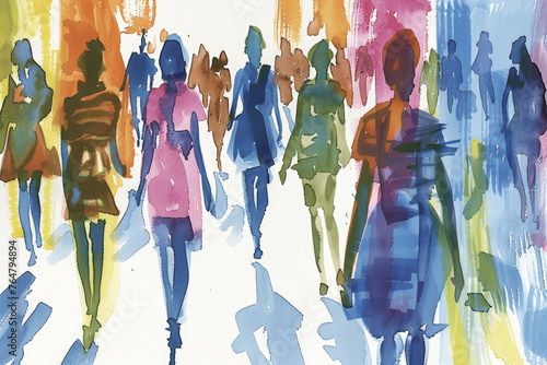A painting depicting a diverse group of individuals walking along a busy city street, each engaged in their own activities