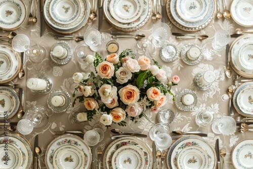 A table adorned with numerous plates and vibrant flowers, set for an elegant dinner with fine china, crystal glassware, and silver cutlery