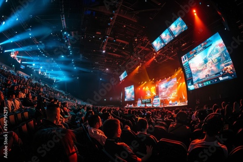 Dynamic wideangle shot of an esports tournament arena filled with fans watching a video game competition on the main stage with multiple large screens