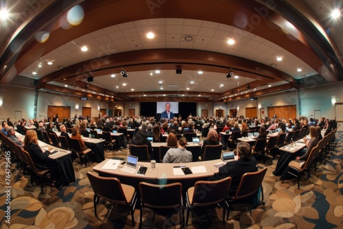 A panoramic view of a professional workshop or seminar where attendees are actively engaged with laptops, listening to a speaker
