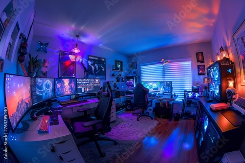 Panoramic shot of a gamers high-tech setup at home, featuring multiple monitors, gaming peripherals, and memorabilia reflecting the gaming lifestyle