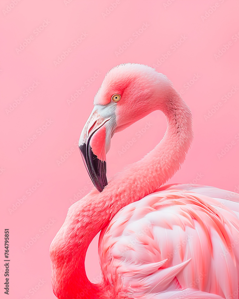 Fototapeta premium studio portrait of a pink flamingo on a soft flat background.
