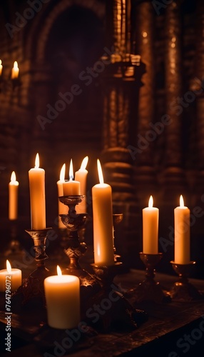 Castle forest, Gothic setting with candles, dark and creepy background, fantasy game, generative ai, generative, ai