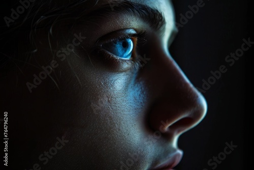 A persons face with striking blue eyes, half-illuminated in soft light, evoking contemplation and self-discovery