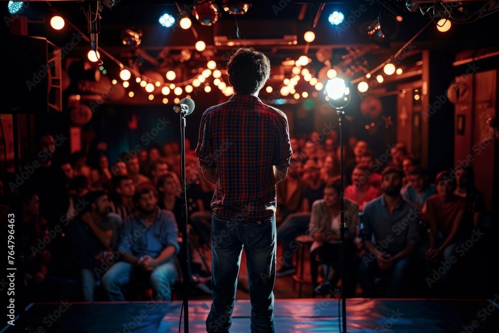 A man is standing in front of a microphone addressing a crowd of people in an intimate setting