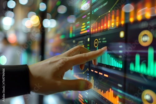 A vibrant front view showing a hand interacting with an interactive touchscreen displaying a dynamic business dashboard with real-time data and analytics