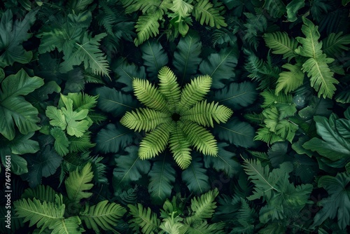 Aerial view of a dense forest with lush green plants and leaves creating patterns and symmetry photo
