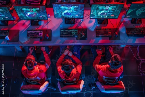 A group of people in team jerseys seated in front of computer monitors, intensely focused on gameplay during a competitive esports tournament