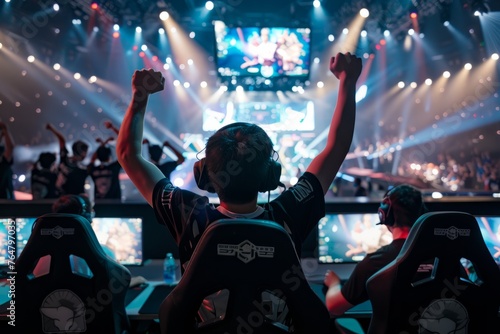 An emotional frontview shot of an esports player raising their arms in victory after a winning match with the rest of the team