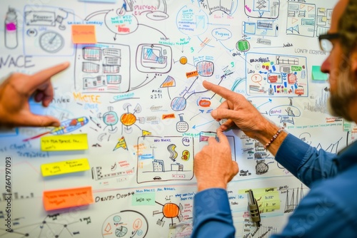 A man points at a digital whiteboard filled with flowcharts, graphs, and bullet points, accompanied by sticky notes in a collaborative team environment