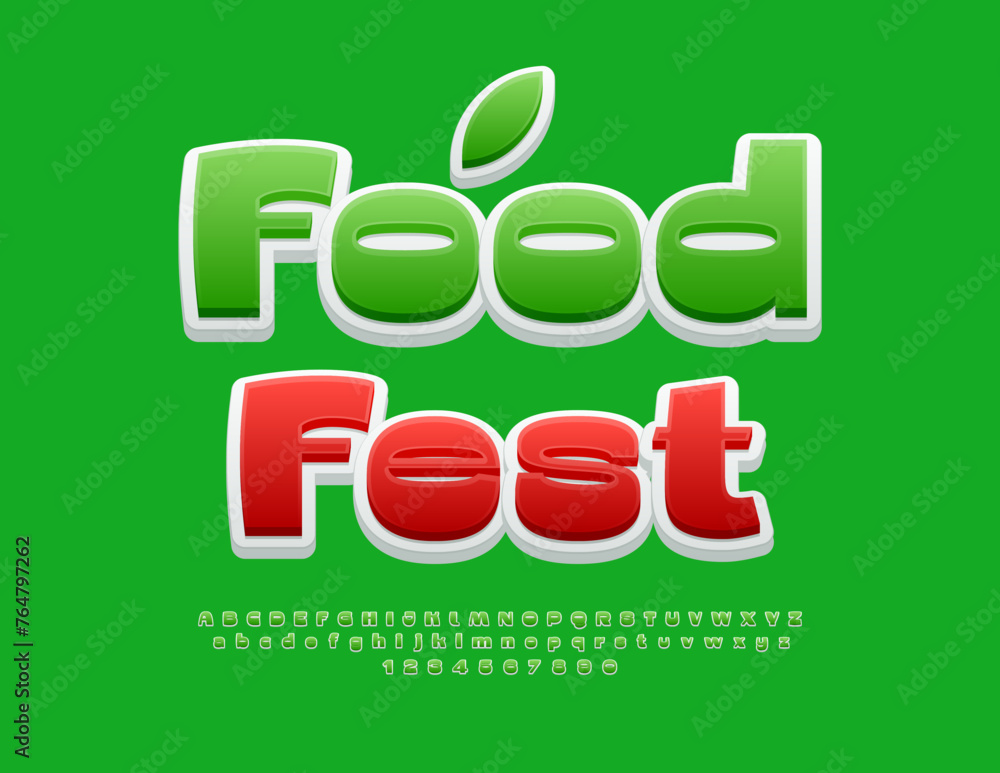 Vector eco concept Food Fest. Unique Green Font. Modern Bright Alphabet Letters and Numbers set. Vector eco concept Food Fest. Unique Green Font. Modern Bright Alphabet Letters and Numbers set.